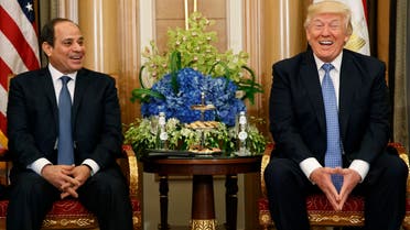 US President Donald Trump and Egyptian President Abdel Fattah al-Sisi share a laugh during a bilateral meeting on Sunday, May 21, 2017, in Riyadh. (AP)