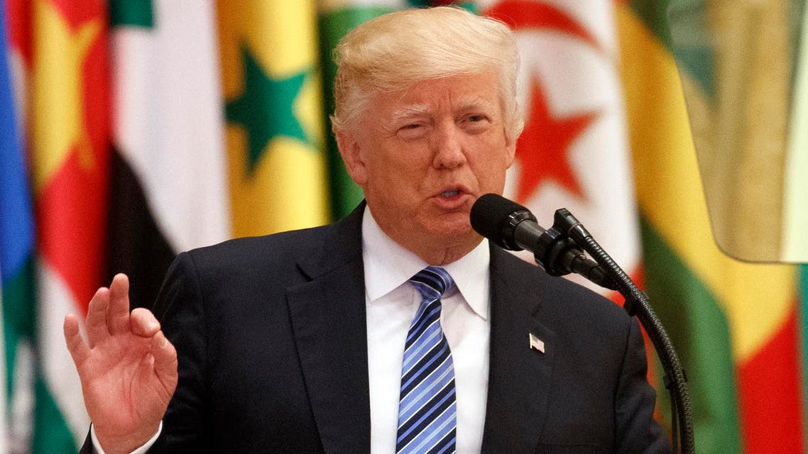  Trump delivers a speech to the Arab Islamic American Summit, at the King Abdulaziz Conference Center, Sunday, May 21, 2017, in Riyadh, Saudi Arabia. (AP)