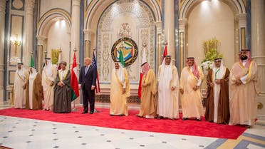 US President Donald Trump prepares for a family photo with Saudi Arabia's King heads of state at the GCC summit in Riyadh. (Bandar Algaloud)