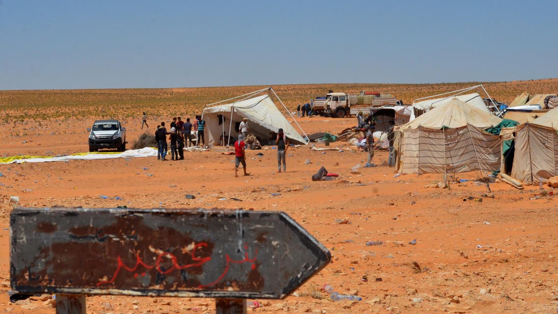 A picture taken on May 16, 2017 shows a general view of tents at a sit-in outside el-Kamour petroleum pumping station in Tunisia's southern state of Tatatouine. Since April 23, 2017, hundreds of protesters have blocked traffic on the road leading to the oilfields in Tataouine and erected tents at a sit-in outside el-Kamour, demanding the allocation of 70 percent of jobs in the petroleum sector for residents of the state and 20 percent of the petroleum income.
