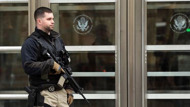 An armed U.S. Marshal stands outside of a U.S. Federal court during the arraignment of Tairod Pugh, a former U.S. Air Force mechanic accused of attempting to join the terrorist organization ISIS, on March 18, 2015 in New York City. (AFP)