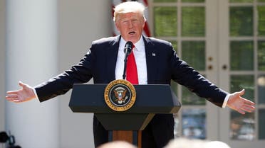President Donald Trump declaring in an address in the White House Rose Garden that he is withdrawing from the 2015 Paris accord. (AP)