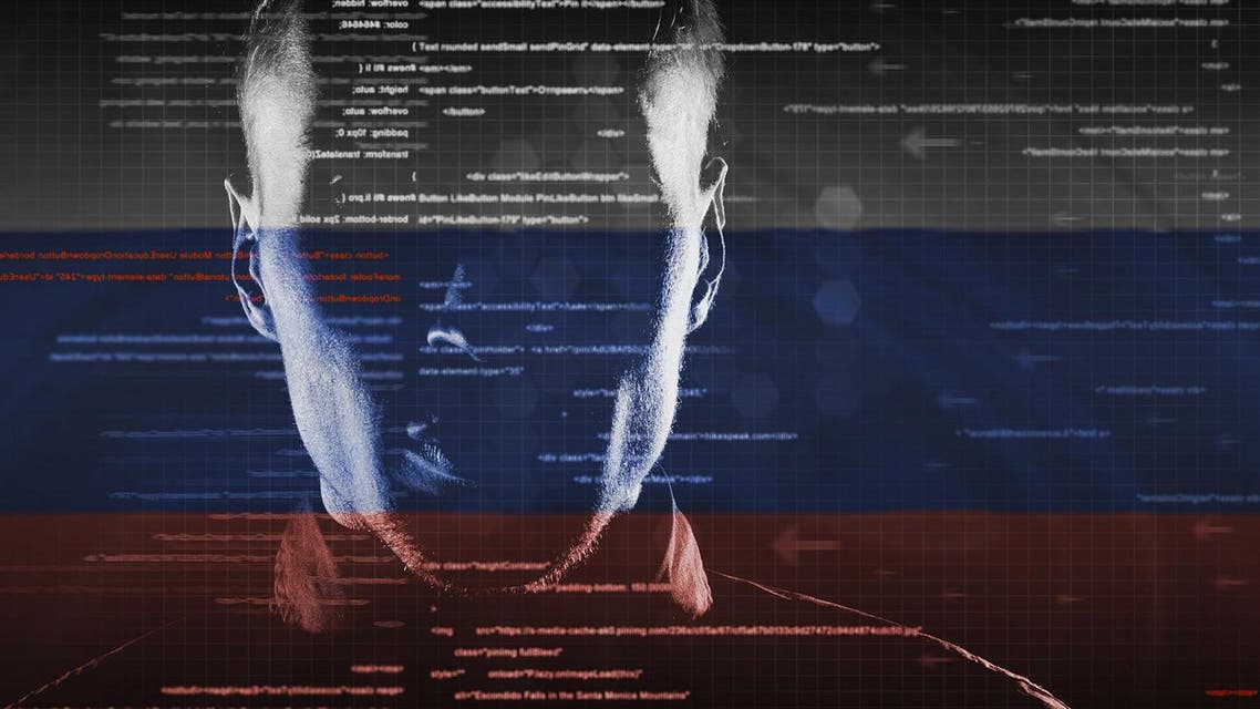 hacker at work with graphic user interface around with russian flag on background. (Shutterstock)