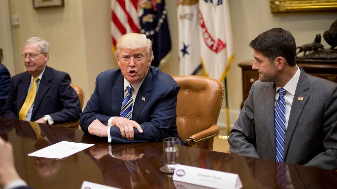 President Donald Trump, center, with Senate Majority Leader Mitch McConnell of Ky., left, and House Speaker Paul Ryan of Wis., right, during a meeting with House and Senate Leadership in the Roosevelt Room of the White House in Washington, Tuesday, June 6, 2017. (AP)