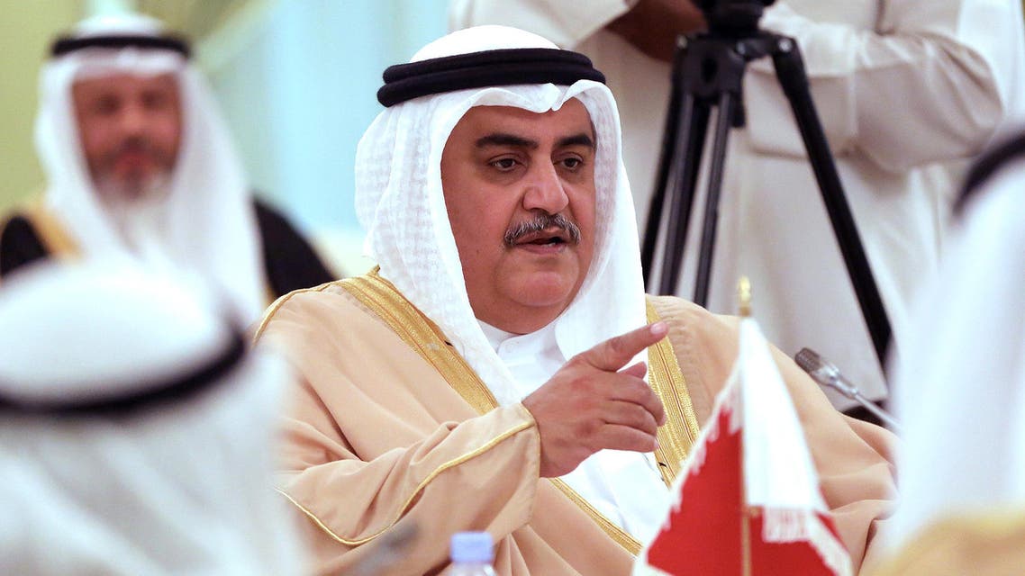 Bahraini Foreign Minister Sheikh Khaled bin Ahmed al-Khalifa speaks during a joint press conference after signing an agreement with his Kuwaiti counterpart in Kuwait City on April 16, 2017.