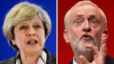 A combination of pictures created in London on April 18, 2017 shows British Prime Minister and Conservative Party leader Theresa May (L) speaking at a press conference during a European Summit at the EU headquarters in Brussels on March 9, 2017 and Britain's main opposition Labour Party leader Jeremy Corbyn (R) speaking on the fourth day of the annual Labour Party conference in Liverpool, north west England on September 28, 2016. Britain goes to the polls to vote in a general election on June 8.