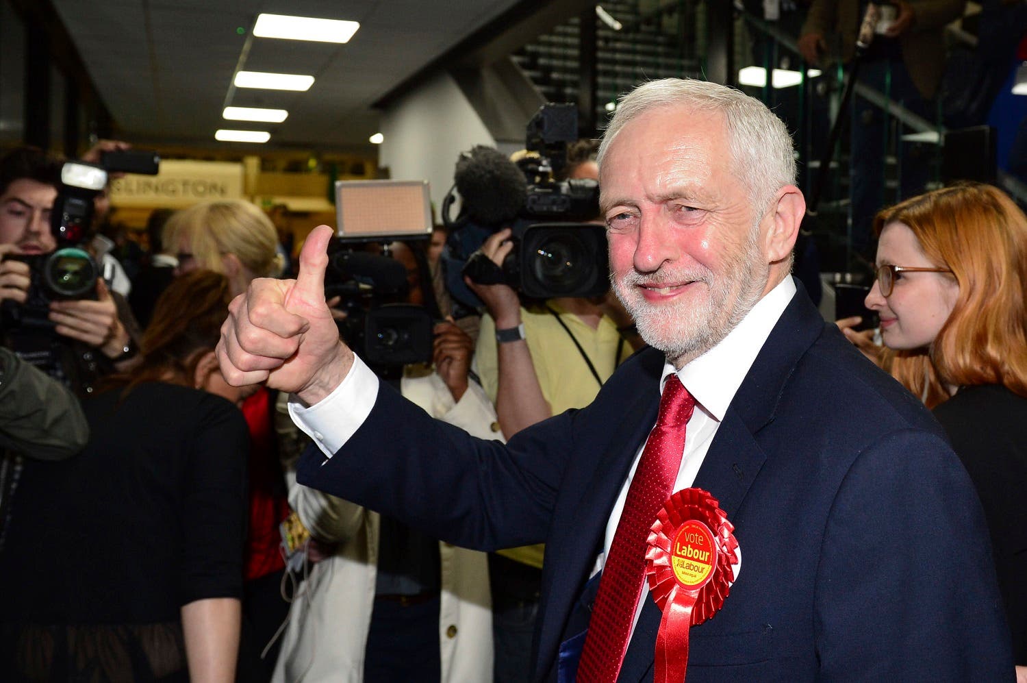 Britain's Labour party leader Jeremy Corbyn gestures as he arrives for the declaration at his constituency in London, Friday, June 9, 2017. (AP)