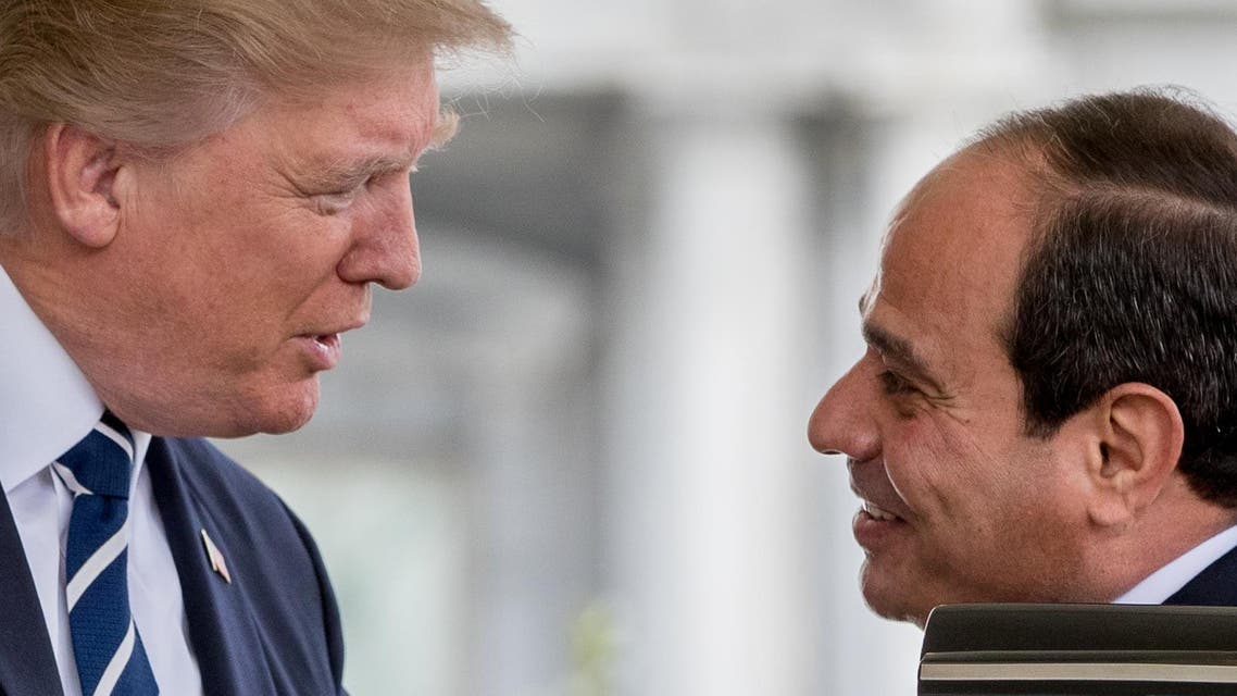 President Donald Trump greets Egyptian President Abdel Fattah Al-Sisi as he arrives at the White House, Monday, April 3, 2017, in Washington. (AP)