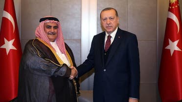 Turkish President Tayyip Erdogan meets with Bahrain's Foreign Minister Shaikh Khalid bin Ahmed bin Mohammed Al Khalifa in Istanbul. (Reuters)