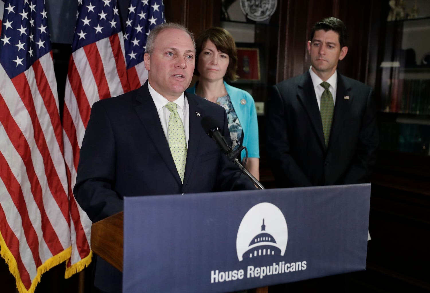 In a photo from June 13, 2017, House Majority Whip Steve Scalise, R-La., joined by Speaker of the House Paul Ryan,(far right), and Rep. Cathy McMorris Rodgers, during a news conference at Republican National Committee Headquarters on Capitol Hill in Washington. (AP)