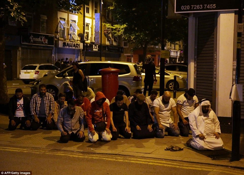 Several Muslim worshipers took to the streets to pray for the victims in the aftermath of a terror attack that left at least one person dead.