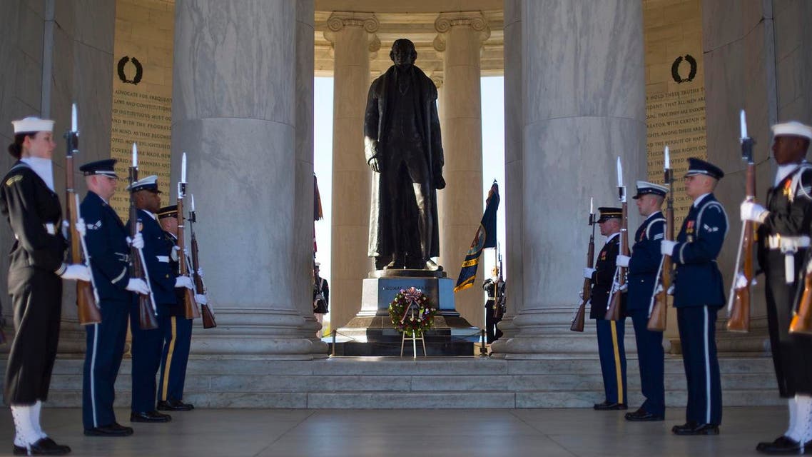 Members of the US Armed Forces conduct a Presidential Full Honor wreath- laying ceremony in honor of Thomas Jefferson, third President of the US and American founding father, to celebrate Jefferson’s 273rd birthday, on April 13, 2016, at the Jefferson Memorial in Washington. (AP)