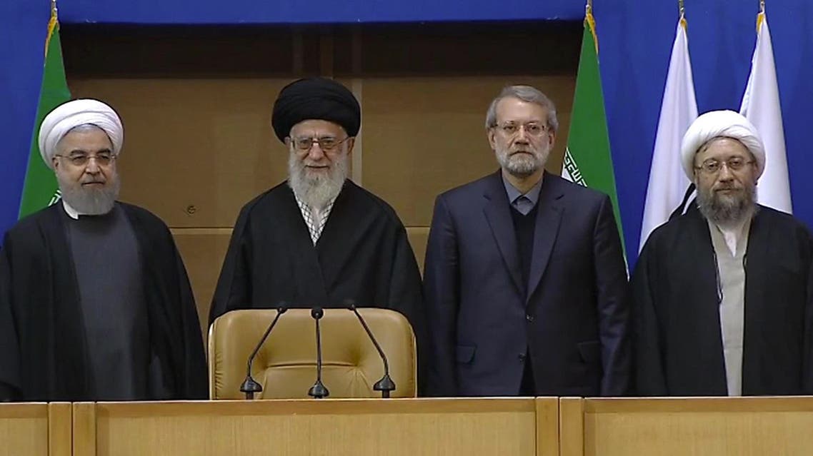 Hasan Rouhani is seen with Supreme Leader Ayatollah Ali Khamenei, Ali Larijani and judiciary chief Sadeq Larijani in this February 21, 2017 photo. (AFP)