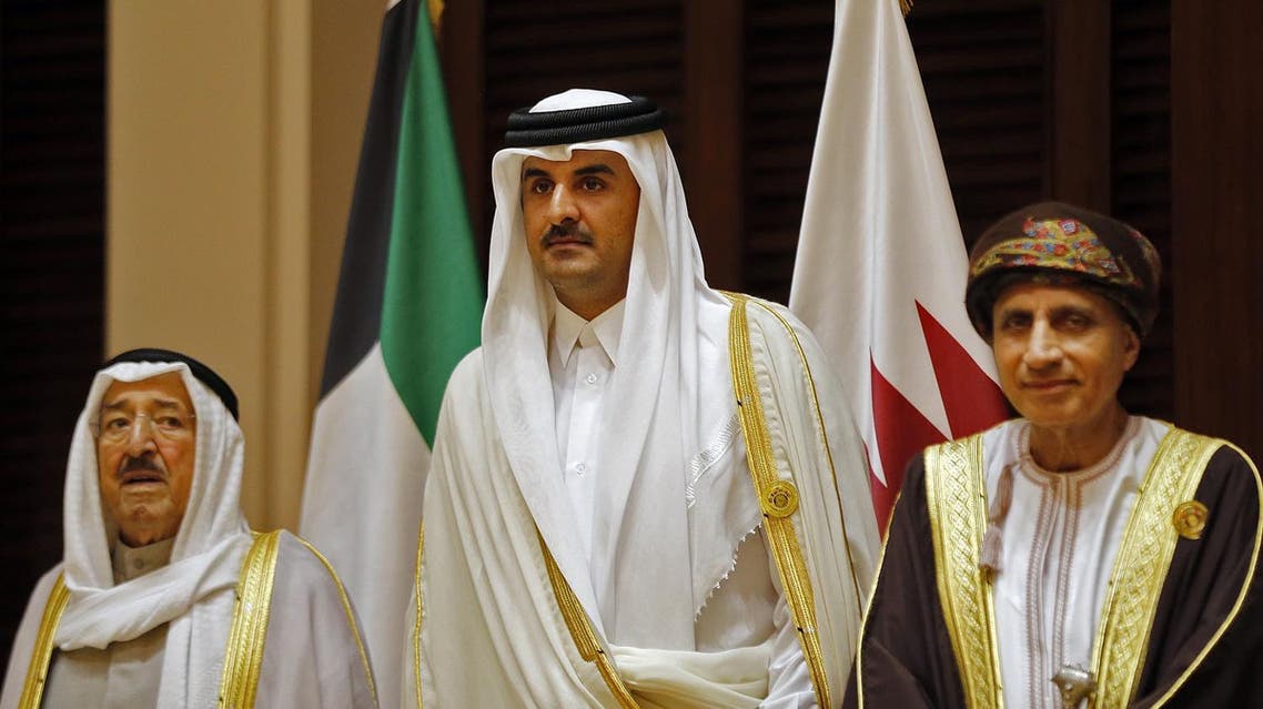 Emir of Kuwait Sabah al-Ahmad al-Jaber al-Sabah, Emir of Qatar Sheikh Tamim bin Hamad al-Thani (C) and Oman’s Foreign Minister Yusuf bin Alawi attending a GCC summit in Manama on December 07, 2016. (AFP)