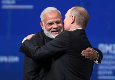 Vladimir Putin and Narendra Modi give each other a hug at the St. Petersburg International Economic Forum in St. Petersburg, Russia on June 2, 2017. (AP)