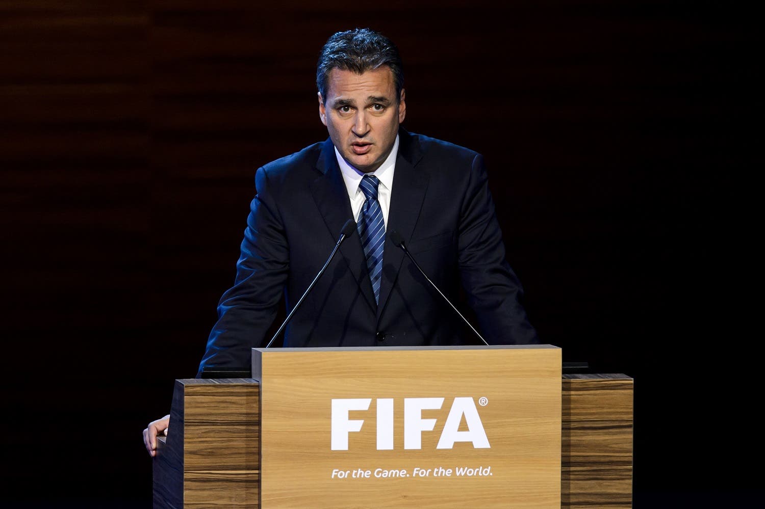 FIFA ethics prosecutor Michael Garcia delivers a speech during the 64th FIFA congress on June 11, 2014 in Sao Paulo, on the eve of the opening match of the 2014 FIFA World Cup in Brazil. AFP PHOTO / FABRICE COFFRINI