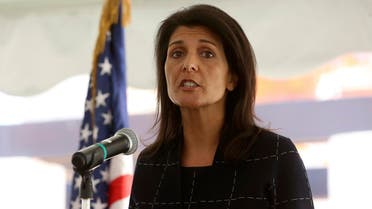 Nikki Haley, the U.S. ambassador to the United Nations , speaks to a crowd of US foreign service members at the American embassy in Amman, Jordan on Monday, May 22, 2017. (AP