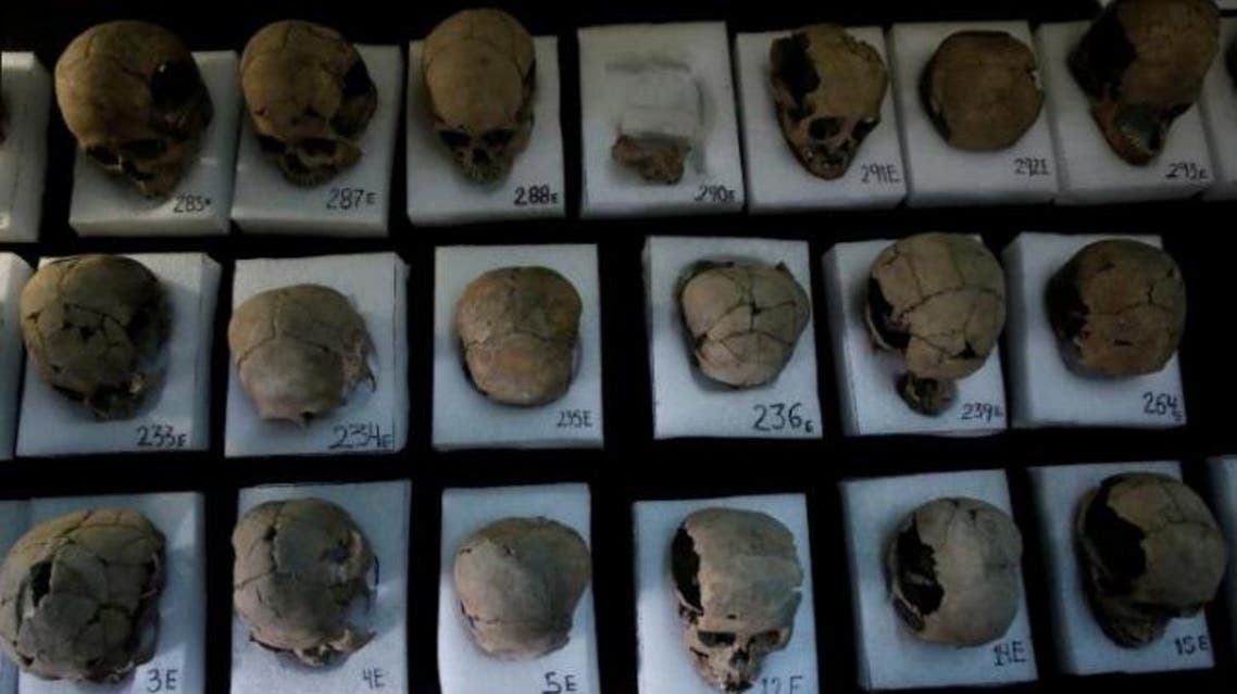 Skulls are seen at a site where more than 650 of them caked in lime and thousands of fragments were found in the cylindrical edifice near Templo Mayor, one of the main temples in the Aztec capital Tenochtitlan, which later became Mexico City, Mexico June 30, 2017. REUTERS/Henry Romero