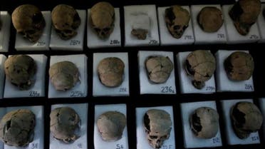  Skulls are seen at a site where more than 650 of them caked in lime and thousands of fragments were found in the cylindrical edifice near Templo Mayor, one of the main temples in the Aztec capital Tenochtitlan, which later became Mexico City, Mexico June 30, 2017. REUTERS/Henry Romero