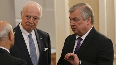 UN Special Envoy for Syria Staffan de Mistura (L) and Russian mediator Alexander Lavrentiev attend the fourth round of Syria peace talks in Astana on May 4, 2017. (AFP)