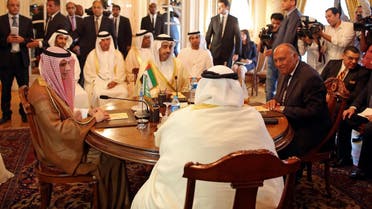 Seated from left to right at table, Saudi Foreign Minister Adel al-Jubeir, United Arab Emirates Foreign Minister Abdullah bin Zayed al-Nahyan, Egyptian Foreign Minister Sameh Shoukry, and Bahraini Foreign Minister Khalid bin Ahmed al-Khalifa meet in Cairo, Egypt, Wednesday, July 5, 2017. The foreign ministers from four Arab nations that have sought to isolate Qatar over its alleged support for extremist groups started talks Wednesday, hours after the quartet said they had received Qatar's response to their demands for ending the crisis. (Khaled Elfiqi, Pool, via AP)