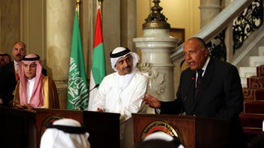 Egyptian Foreign Minister Sameh Shoukry (R) talks to reporters during a joint press conference with UAE Minister of Foreign Affairs and International Cooperation Abdullah bin Zayed Al-Nahyan (C) and Saudi Foreign Minister Adel al-Jubeir (L), after their meeting in the Egyptian capital Cairo on July 5, 2017, discussing the Gulf diplomatic crisis with Qatar, as Doha called for dialogue to resolve the dispute. (AFP)