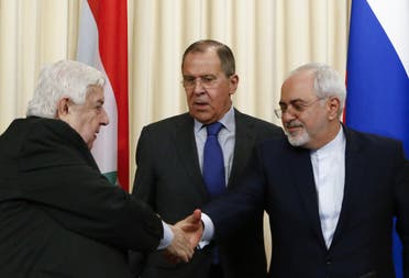 Foreign Ministers, Sergei Lavrov (C) of Russia, Walid al-Muallem (L) of Syria and Mohammad Javad Zarif of Iran, attend a news conference in Moscow, Russia, April 14, 2017. (Reuters)