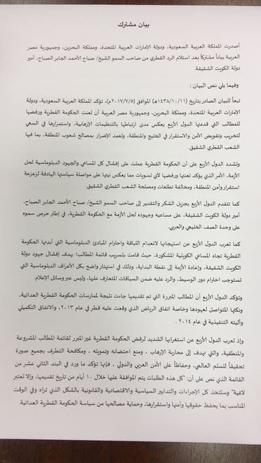 Arab Boycotting countires release statement on Qatar’s response to demands  