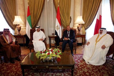 Saudi Foreign Minister Adel al-Jubeir (L), UAE Foreign Minister Abdullah bin Zayed al-Nahyan (C-L), Egyptian Foreign Minister Sameh Shoukry (C-R), and Bahraini Foreign Minister Khalid bin Ahmed al-Khalifa meet to discuss the diplomatic situation with Qatar, in Cairo, Egypt, July 5, 2017. The Foreign Ministers meetingis held after Qatar sent a formal letter of response to the 13-points list of demands to the emir of Kuwait, the main mediator in the Gulf crisis, in response to diplomatic and economic sanctions from Saudi Arabia and its allies, Egypt, the United Arab Emirates (UAE) and Bahrain on allegations that Qatar is funding extremism