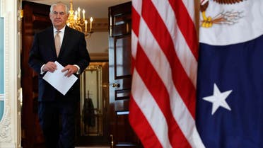 Tillerson walks to speaks at a news conference about Qatar at the State Department in Washington, Friday June 9, 2017. (AP)