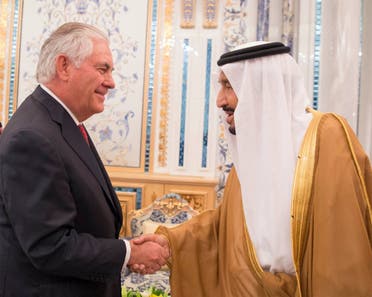 Saudi Arabia’s King Salman shakes hands with Rex Tillerson in Jeddah on July 12, 2017. (Reuters)