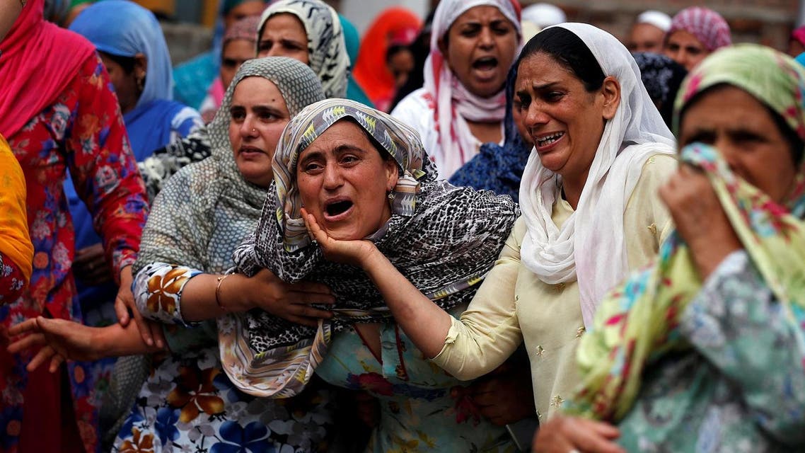 Relatives mourn during the funeral of Aaquib Gul, who according to local media, was killed in a gun battle with Indian security forces in Budgam District, Srinagar, on July 12, 2017. (Reuters)