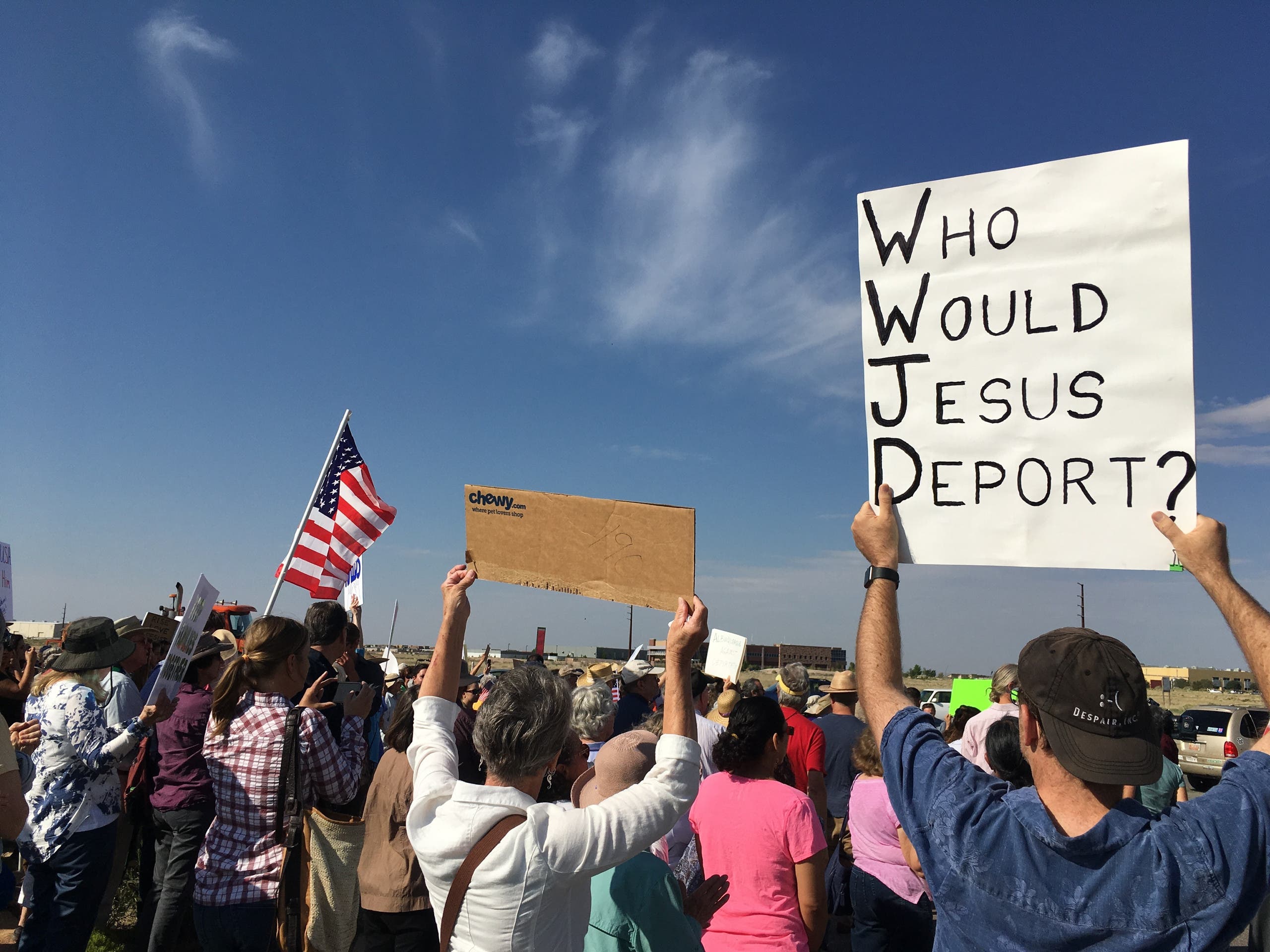 Around 300 supporters demonstrated outside the Immigration and Customs Enforcement offices in Albuquerque, N.M., in support of Iraqi refugee Kadhim Al-bumohammed on Monday, June 26, 2017.AP