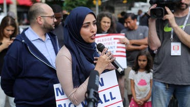 Activist Widad Hassan speaks at a protest against US President Donald Trump’s limited travel ban, approved by the US Supreme Court, in New York City on June 29, 2017. (Reuters)