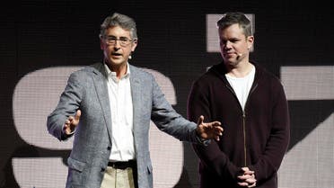 Alexander Payne, left, co-writer/director of the upcoming film "Downsizing," addresses the audience as cast member Matt Damon looks on during the Paramount Pictures presentation at CinemaCon 2017 at Caesars Palace on Tuesday, March 28, 2017, in Las Vegas. (Photo by Chris Pizzello/Invision/AP)