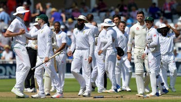 South Africa celebrate taking the wicket of England’s James Anderson and winning the match on the fourth day of the second Test at Trent Bridge in Nottingham on July 17, 2017. (AFP)