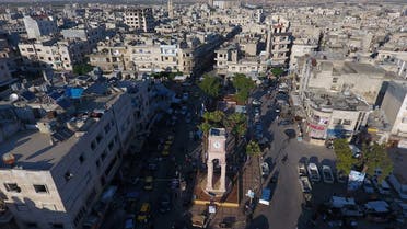 A general view taken with a drone shows the Clock Tower of the rebel-held Idlib city
