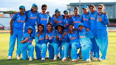 India celebrate winning their semi-final at Derby, England, against Australia in the Women’s Cricket World Cup. (Reuters)