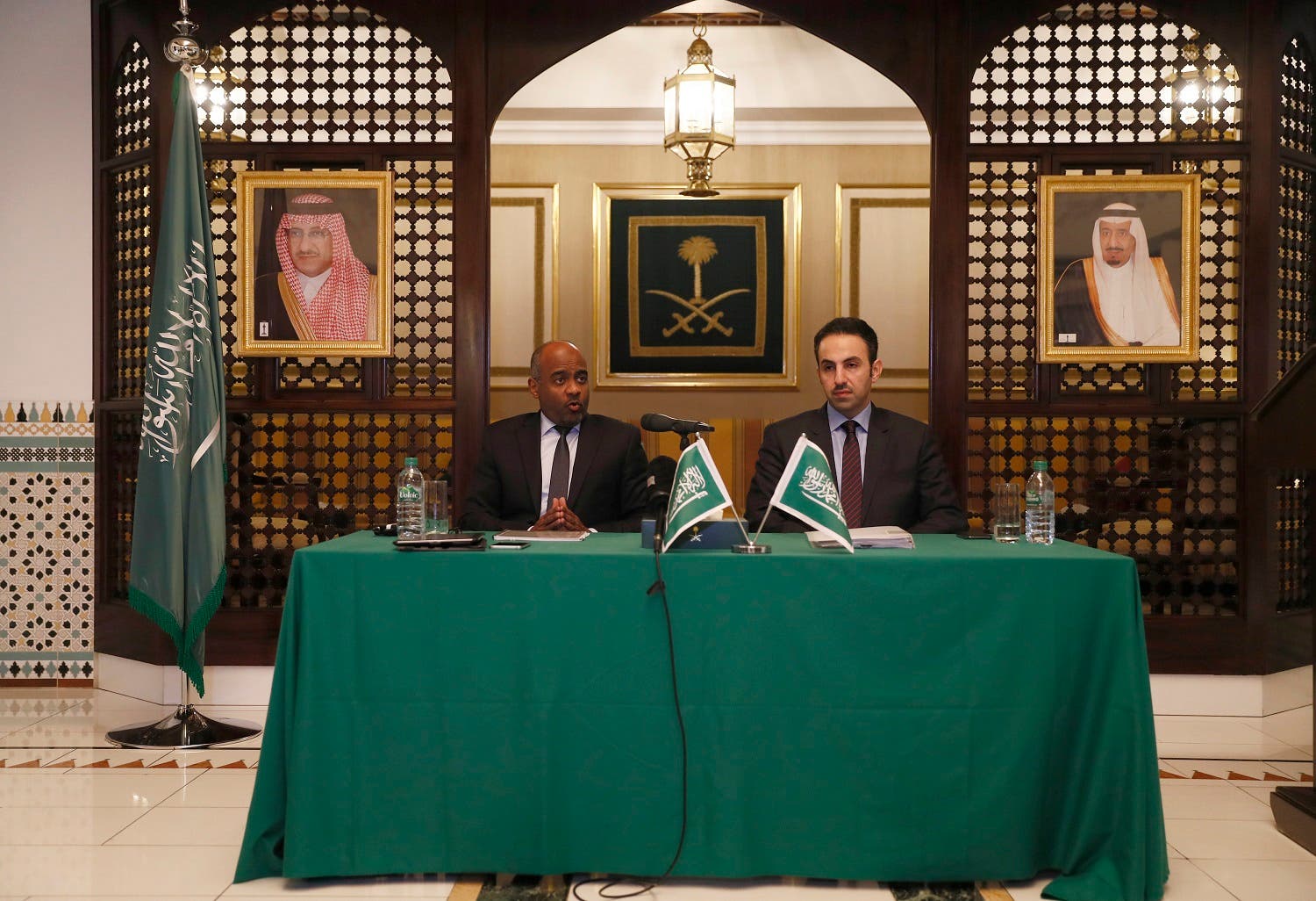Major General Ahmed Al Asiri (L), spokesman for the Arab Coalition and Maher Al Hadhrawi, Executive Director of the King Salman Humanitarian Aid and Relief Centre (Ksrelief) attend a press briefing at the Embassy of Saudi Arabia in London, on November 3, 2016. (Reuters)