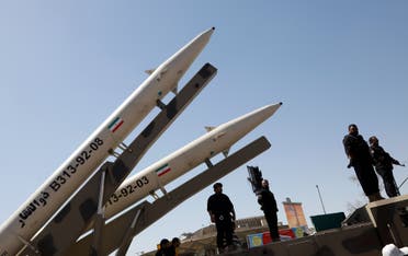Zolfaghar missiles on display during a rally marking al-Quds Day in Tehran on June 23, 2017. (AFP)