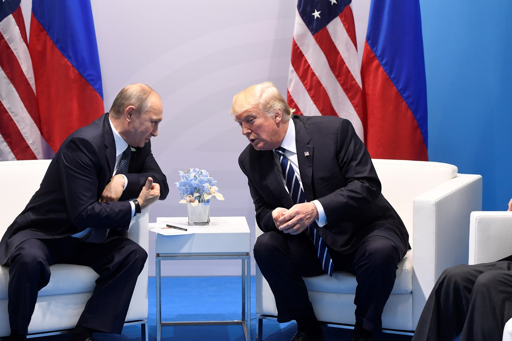US President Donald Trump and Russia’s President Vladimir Putin hold a meeting on the sidelines of the G20 Summit in Hamburg, Germany, on July 7, 2017. (AFP)
