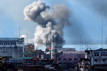 An explosion is seen after a Philippines army aircraft released a bomb during an airstrike in Marawi city. (Reuters)