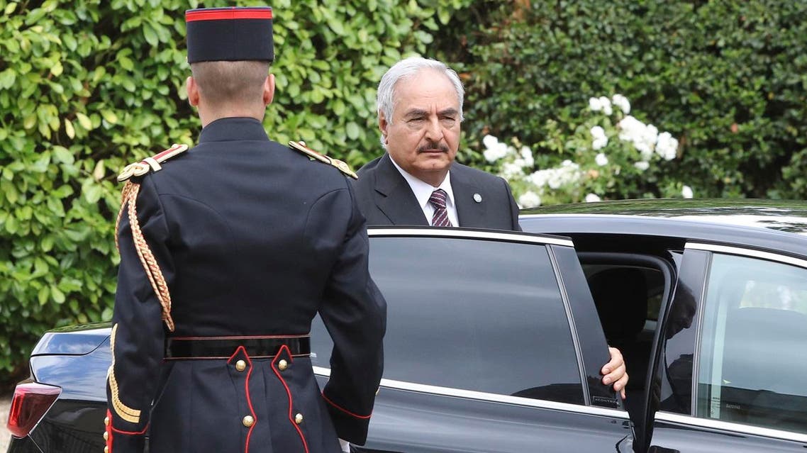 Khalifa Haftar, the military commander who controls the remote east of Libya, arrives in La Celle-Saint-Cloud, near Paris, for talks aimed at easing tensions in Libya, on July 25, 2017. AFP