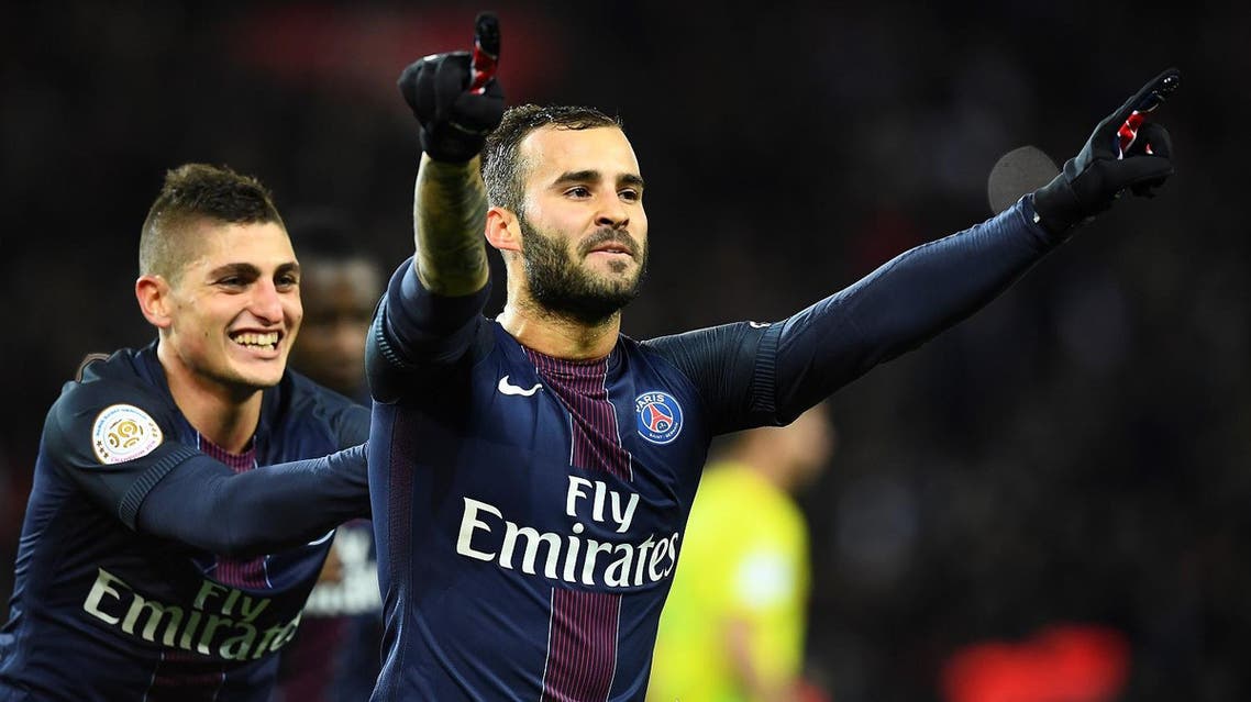 (FILES) This file photo taken on November 19, 2016 shows Paris Saint-Germain's Spain's forward Rodriguez Jese (R) celebrating after scoring a goal during the French L1 football match between Paris Saint-Germain and Nantes at the Parc des Princes stadium in Paris. Paris Saint-Germain's spanish forward Jese leaves for English Premier league's Stoke City on loan until the end of the season. AFP