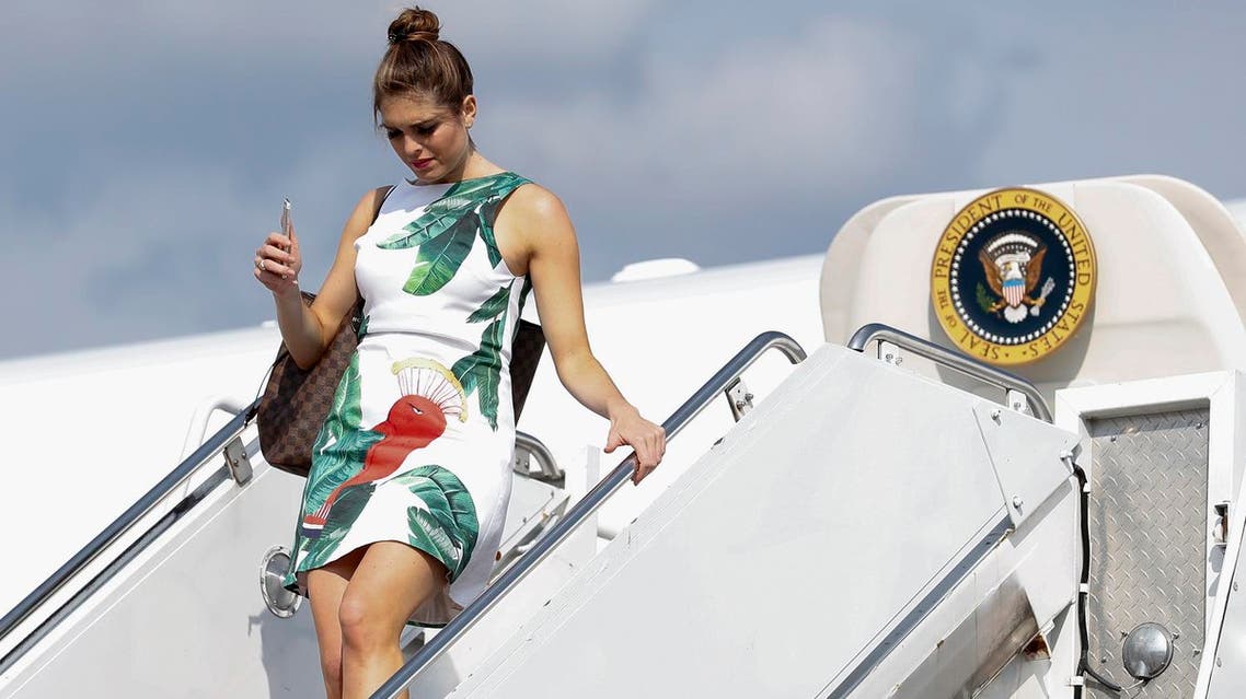 Hope Hicks arrives on Air Force One at Morristown Municipal Airport, en route to Trump National Golf Club in Bedminster, New Jersey. (AP)