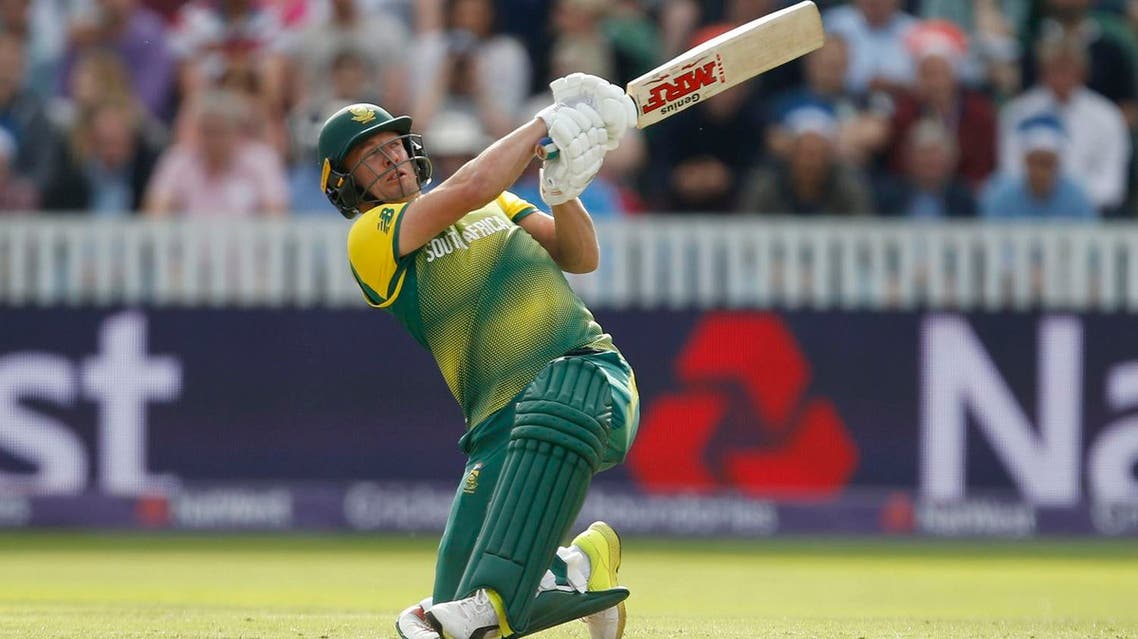South Africa’s AB De Villiers hits a 6 over the stands during the second T20 Blast match in, England. (AP)
