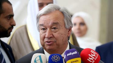 UN Secretary General Antonio Guterres (C) speaking to reporters during his visit to Kuwait's national assembly in Kuwait City on August 27, 2017. (AFP)