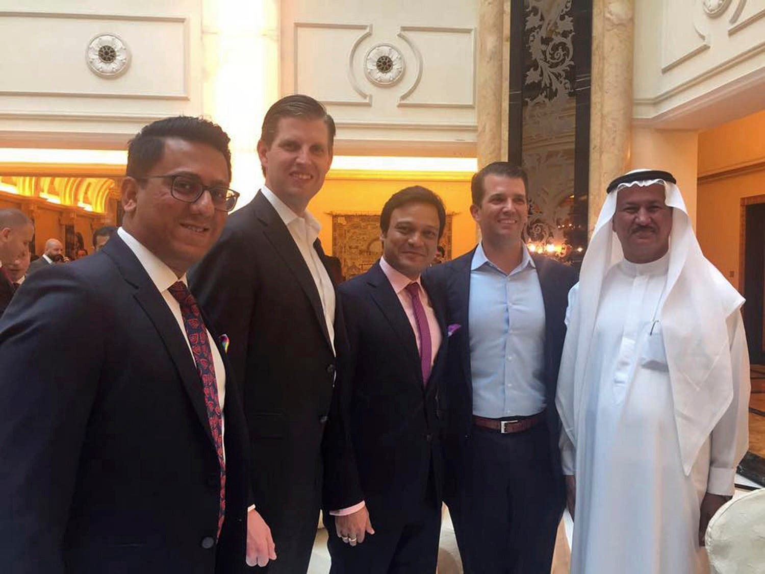 Banke International director Niraj Masand, far left, poses for a photo with Eric Trump, second left, Banke International director Porush Jhunjhunwala, center, Donald Trump Jr., second right, and DAMAC Properties chairman Hussain Sajwani, in Dubai, on Feb. 18, 2017. (AP)