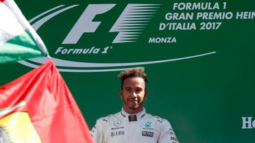 Mercedes driver Lewis Hamilton of Britain celebrates after winning the Italian Formula One Grand Prix  on Sept. 3, 2017. (AP)