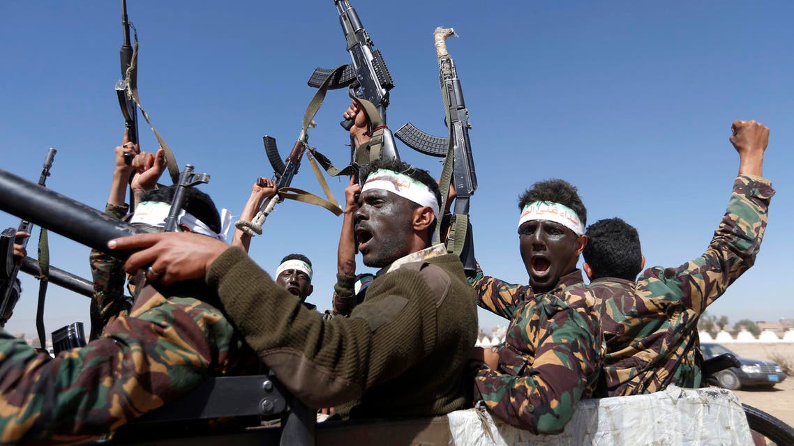 Newly recruited Houthi fighters chant slogans as they ride a military vehicle during a gathering in the capital Sanaa to mobilize more fighters to battlefronts to fight pro-government forces in several Yemeni cities, on January 3, 2017. AFP